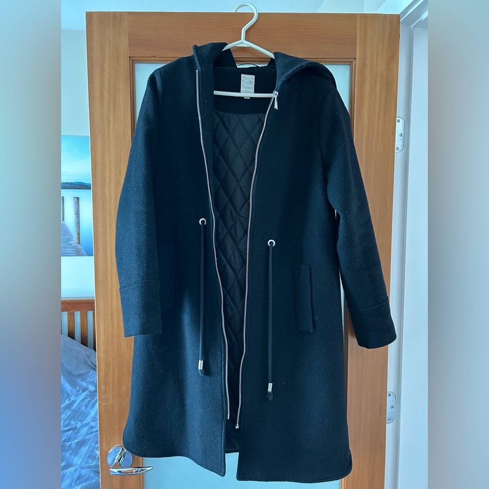 SIMONS TWIK black wool blend coat with hood